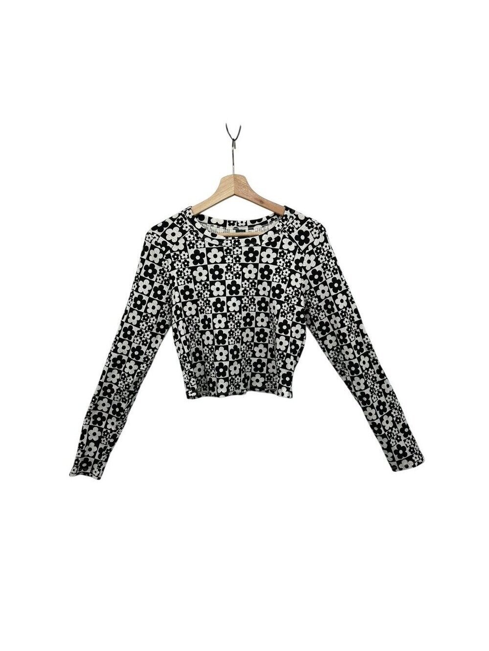 Wild Fable Floral Black & White Long Sleeve Cropped Top XL Cotton Blend